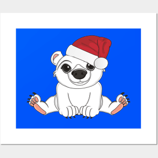 White bear in red holiday hat sit Posters and Art